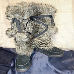 NEW Eddie Bauer 6 1/2 Squatch Boot Suede & Faux Fur Black Gray 6.5 M Boho Arctic